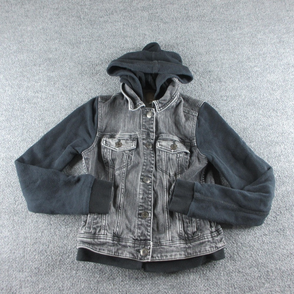 American Eagle Outfitters Jacket Womens S Gray Denim Hoodie Fleece Sleeves